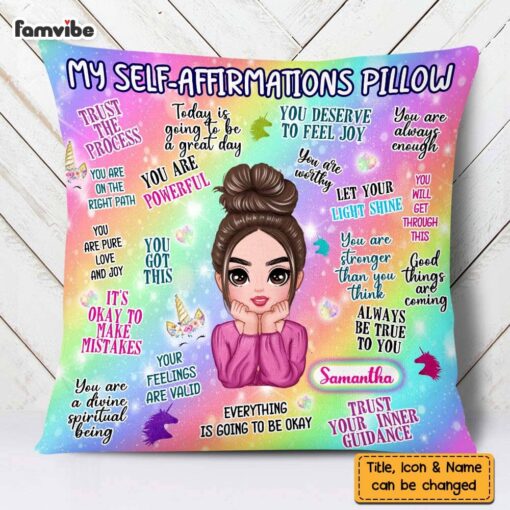 Personalized Daughter Granddaughter Unicorn Rainbow Mental Health Affirmations Pillow