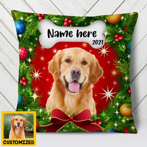 Personalized Dog Photo Christmas Wreath Pillow