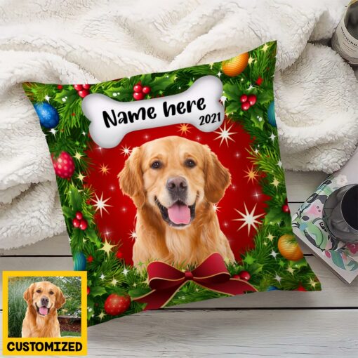 Personalized Dog Photo Christmas Wreath Pillow