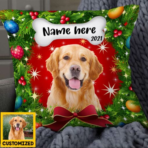 Personalized Dog Photo Christmas Wreath Pillow