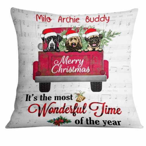 Personalized Dog Red Truck Christmas The Most Wonderful Time Pillow