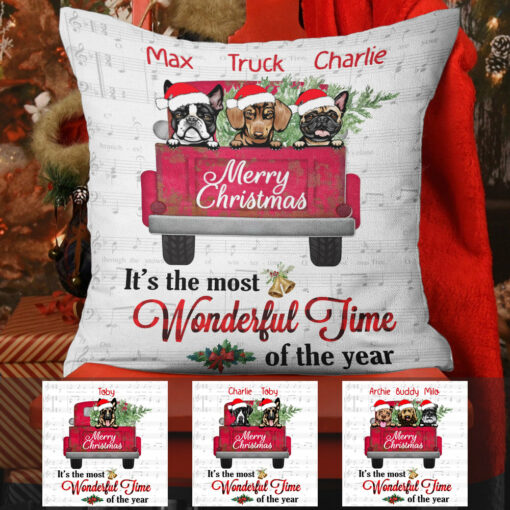 Personalized Dog Red Truck Christmas The Most Wonderful Time Pillow