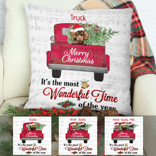 Personalized Dog Red Truck Christmas The Most Wonderful Time Pillow