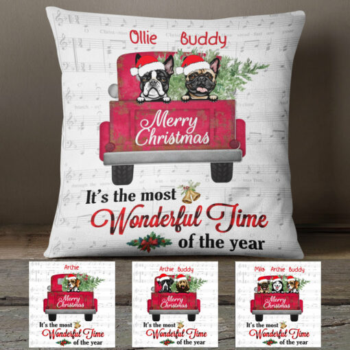 Personalized Dog Red Truck Christmas The Most Wonderful Time Pillow