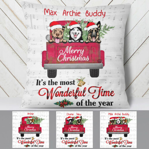 Personalized Dog Red Truck Christmas The Most Wonderful Time Pillow