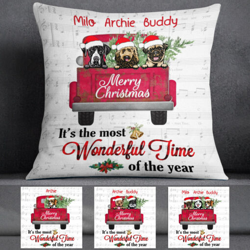 Personalized Dog Red Truck Christmas The Most Wonderful Time Pillow