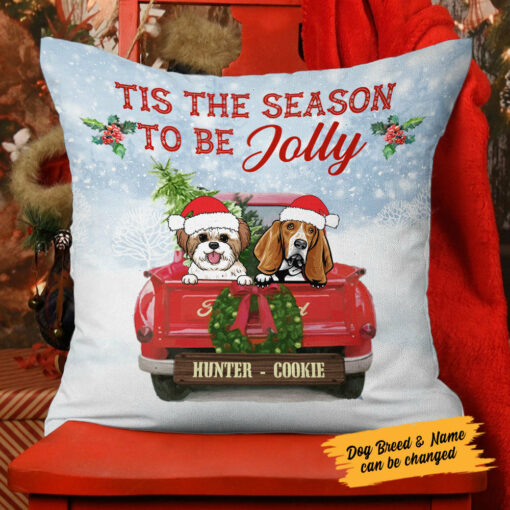 Personalized Dog Red Truck Jolly Christmas Pillow