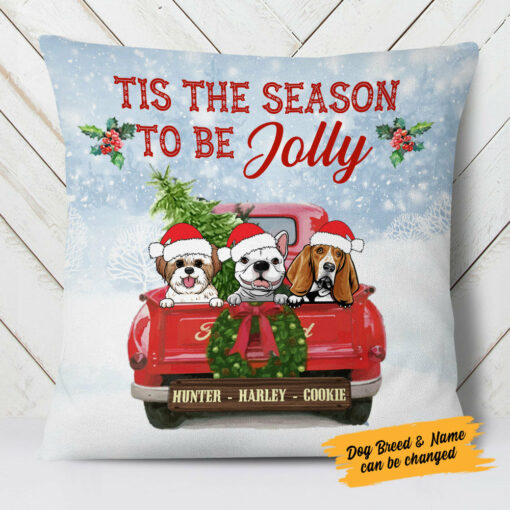 Personalized Dog Red Truck Jolly Christmas Pillow