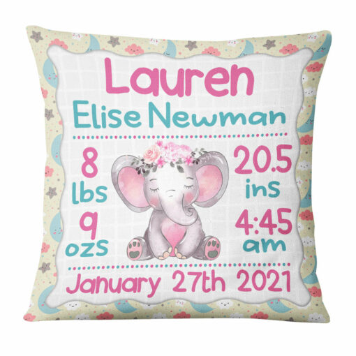 Personalized Elephant Baby Birth Announcement Pillow