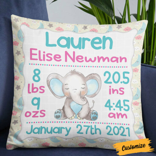 Personalized Elephant Baby Birth Announcement Pillow