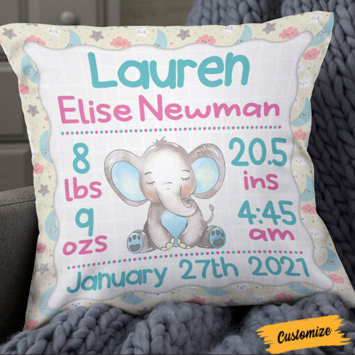 Personalized Elephant Baby Birth Announcement Pillow