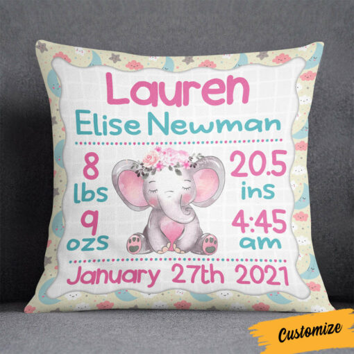 Personalized Elephant Baby Birth Announcement Pillow