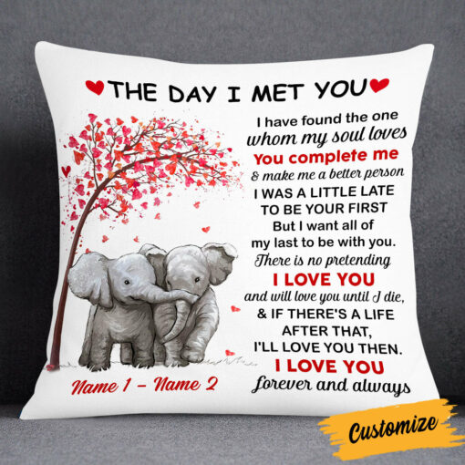 Personalized Elephant Couple The Day I Met You Pillow