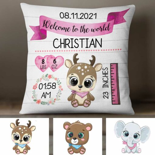 Personalized Elephant Deer Bear Baby Birth Announcement Pillow