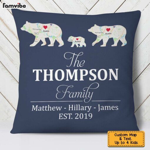 Personalized Family Bear And Cubs Retro Custom Map Pillow