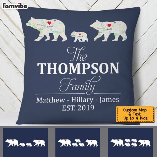 Personalized Family Bear And Cubs Retro Custom Map Pillow