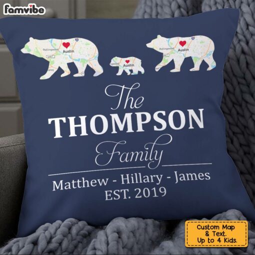 Personalized Family Bear And Cubs Retro Custom Map Pillow