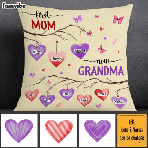 Personalized First Mom Now Grandma Hearts Pillow