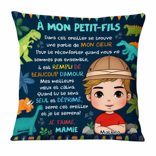 Personalized French Gift For Grandson A Mon Petit-Fils Dinosaur Theme Kid Pillow