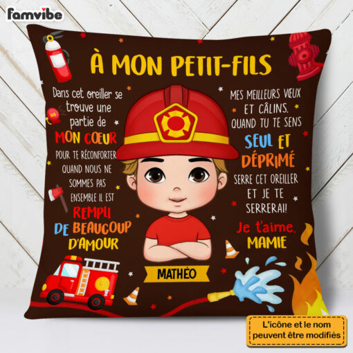 Personalized French Gift For Grandson A Mon Petit-fils Fireman Kid Pillow