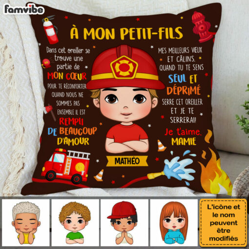 Personalized French Gift For Grandson A Mon Petit-fils Fireman Kid Pillow