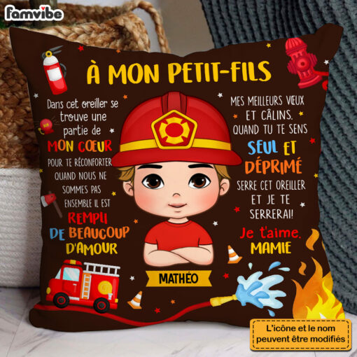 Personalized French Gift For Grandson A Mon Petit-fils Fireman Kid Pillow