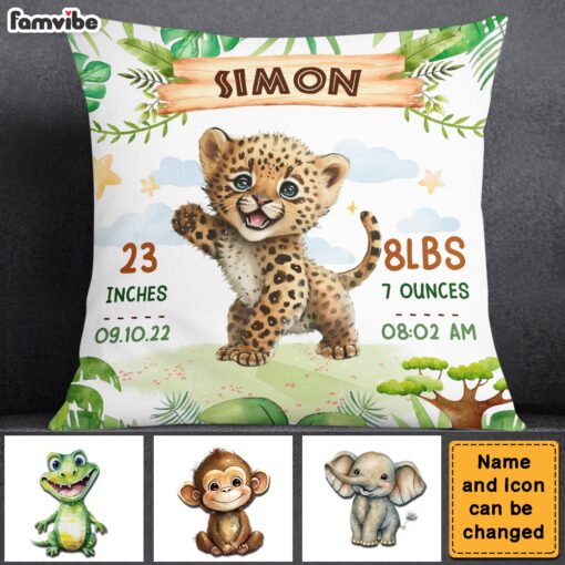 Personalized Gift For Baby Birth Annoucement Safari Animals Pillow