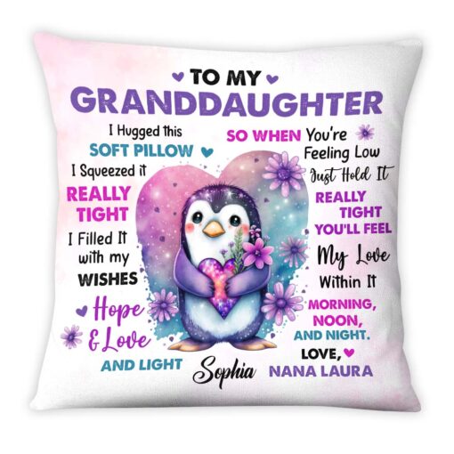 Personalized Gift For Granddaughter Penguin Flowers Hug This Pillow