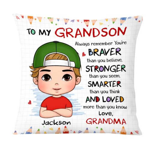 Personalized Gift For Grandson Braver Smarter Stronger Pillow