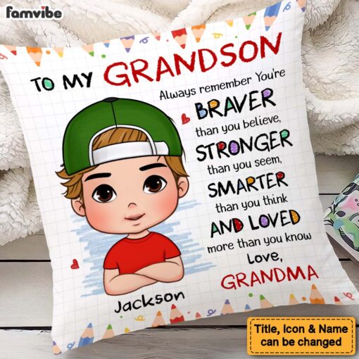 Personalized Gift For Grandson Braver Smarter Stronger Pillow