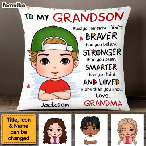 Personalized Gift For Grandson Braver Smarter Stronger Pillow