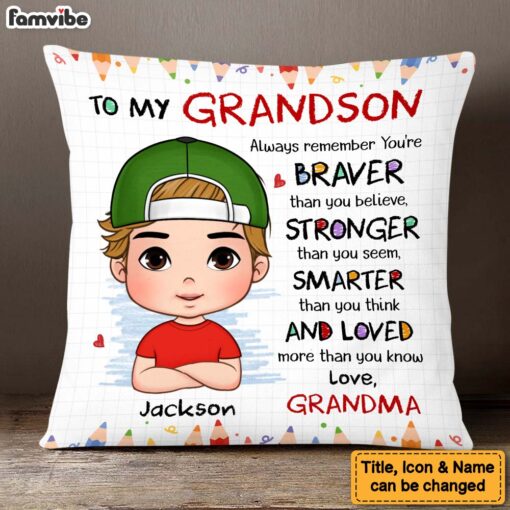 Personalized Gift For Grandson Braver Smarter Stronger Pillow