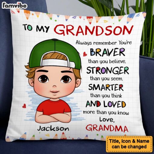 Personalized Gift For Grandson Braver Smarter Stronger Pillow