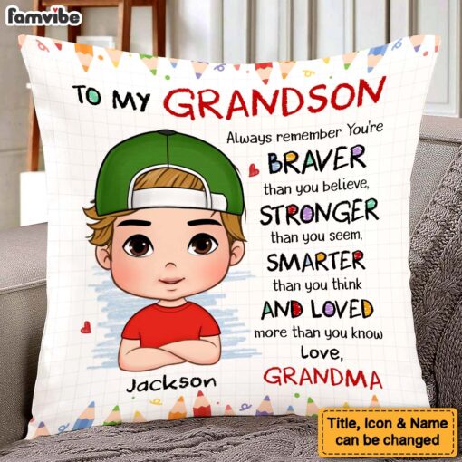 Personalized Gift For Grandson Braver Smarter Stronger Pillow