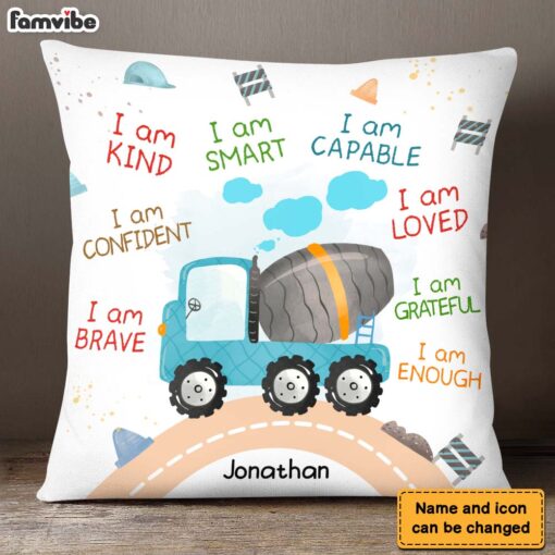 Personalized Gift For Grandson I Am Kind Watercolor Construction Diggers Pillow