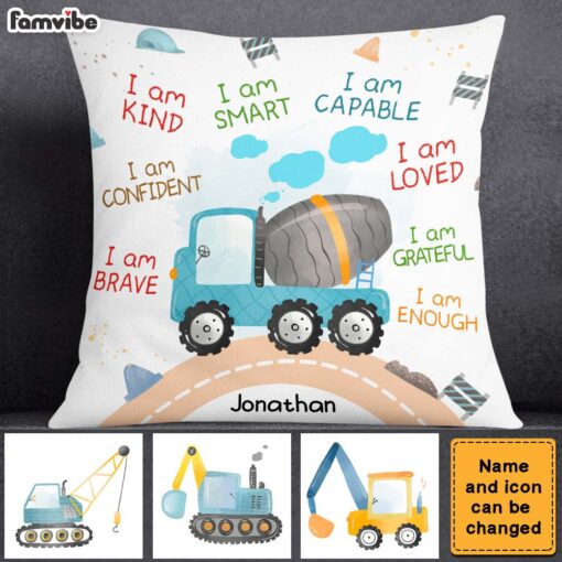 Personalized Gift For Grandson I Am Kind Watercolor Construction Diggers Pillow