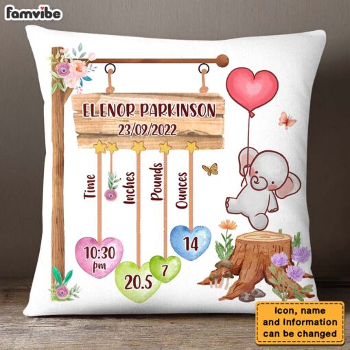 Personalized Gift For Nursery – Customizable Baby Elephant Story Pillow