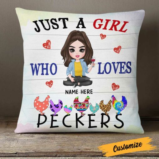 Personalized Girl Loves Chicken Peckers Pillow