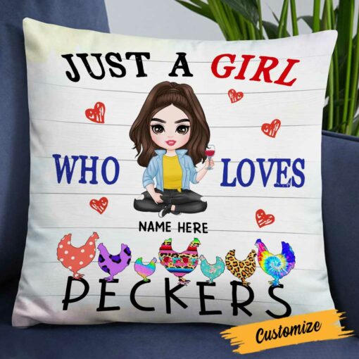 Personalized Girl Loves Chicken Peckers Pillow