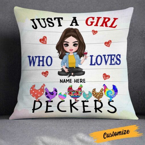 Personalized Girl Loves Chicken Peckers Pillow