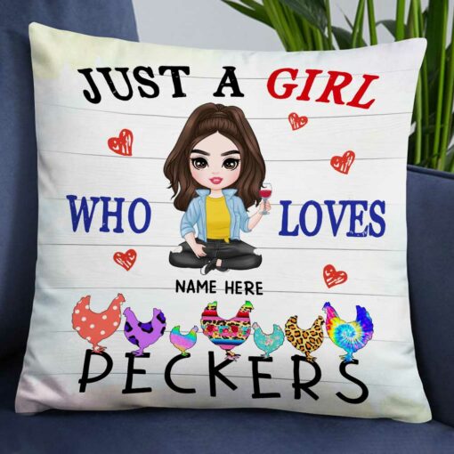 Personalized Girl Loves Chicken Peckers Pillow