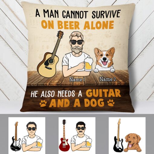 Personalized Guitar Man Dog Beer Pillow