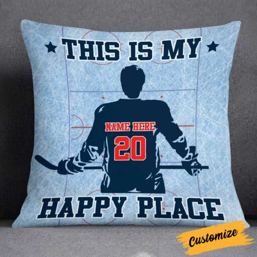 Personalized Hockey Happy Place Pillow