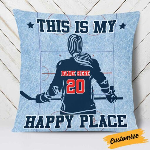 Personalized Hockey Happy Place Pillow