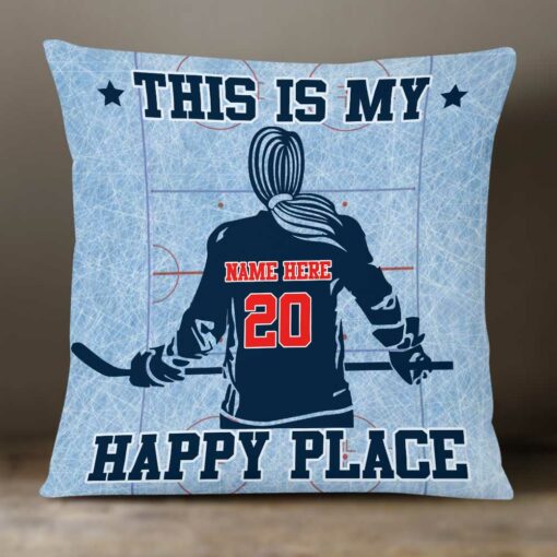 Personalized Hockey Happy Place Pillow