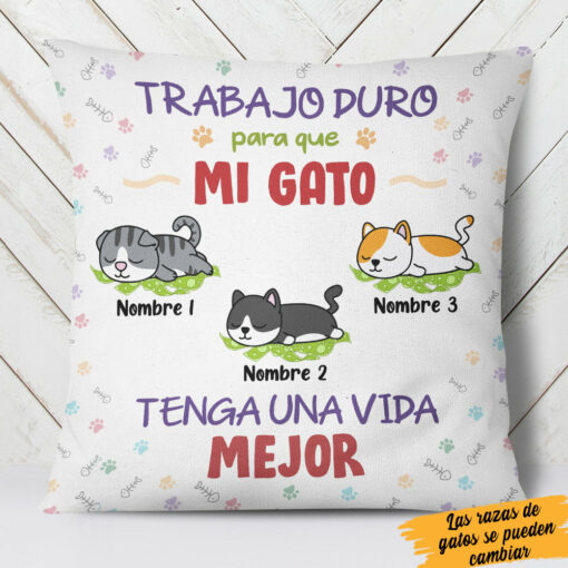 Personalized I Work Hard So My Cat Gato Spanish Pillow