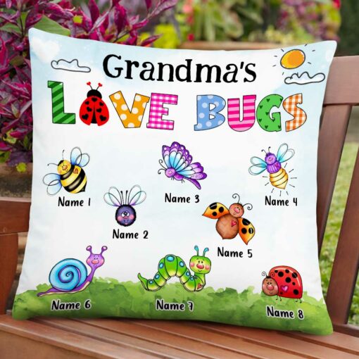 Personalized Love Mom Grandma Grandkids Bugs Pillow