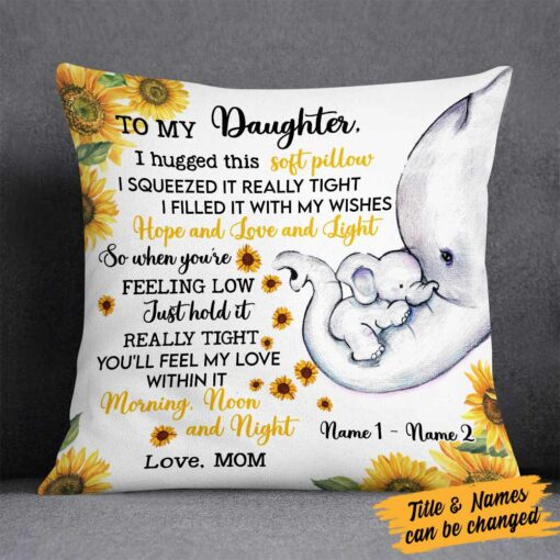 Personalized Mom Grandma Daughter Granddaughter Elephant Sunflower Pillow