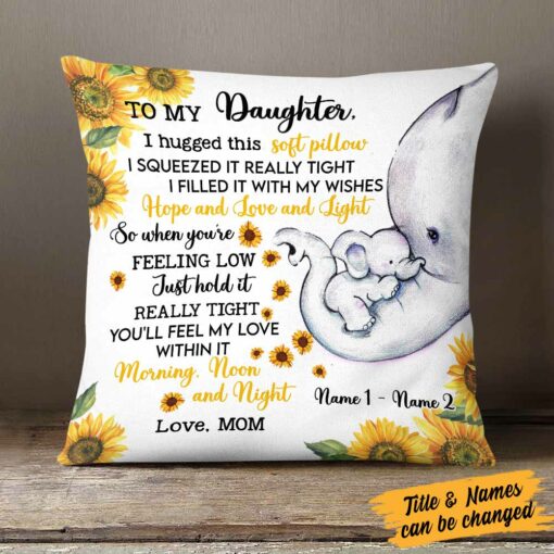 Personalized Mom Grandma Daughter Granddaughter Elephant Sunflower Pillow