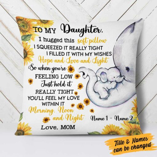 Personalized Mom Grandma Daughter Granddaughter Elephant Sunflower Pillow